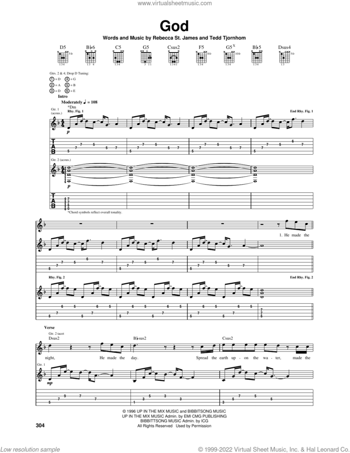 God sheet music for guitar (tablature) by Rebecca St. James and Tedd Tjornhom, intermediate skill level