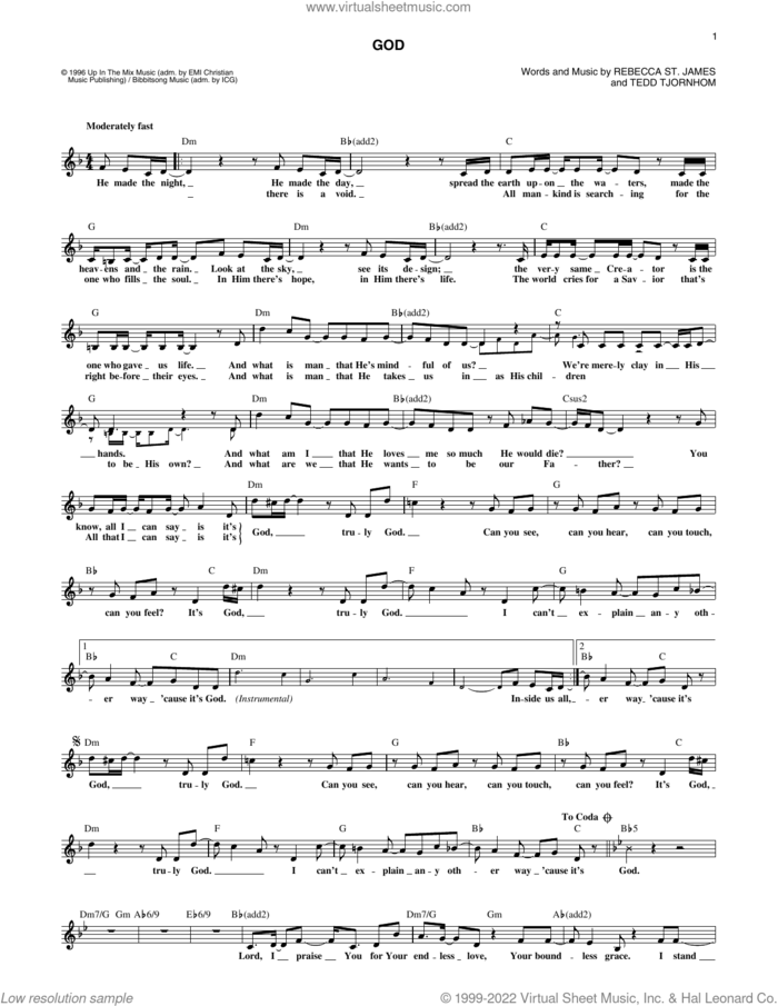 God sheet music for voice and other instruments (fake book) by Rebecca St. James and Tedd Tjornhom, intermediate skill level