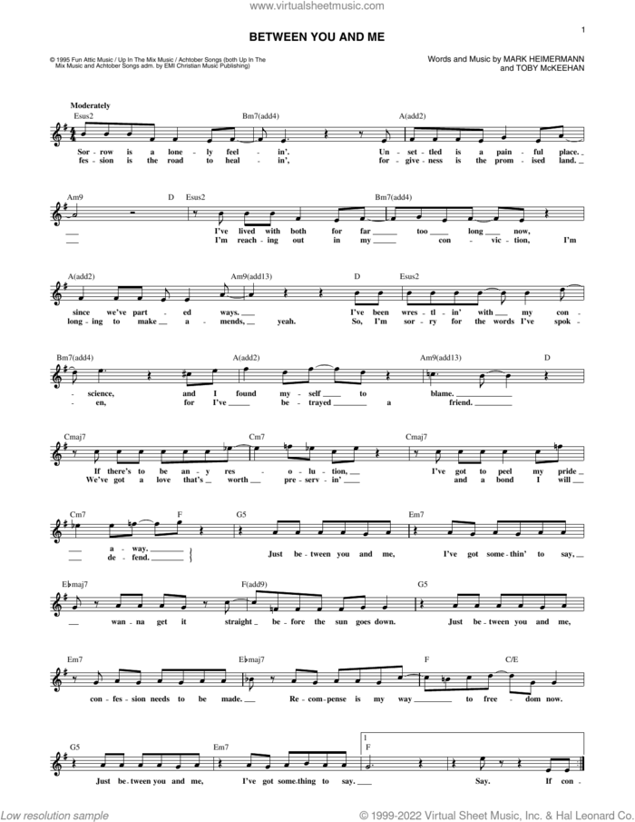 Between You And Me sheet music for voice and other instruments (fake book) by dc Talk, Mark Heimermann and Toby McKeehan, intermediate skill level
