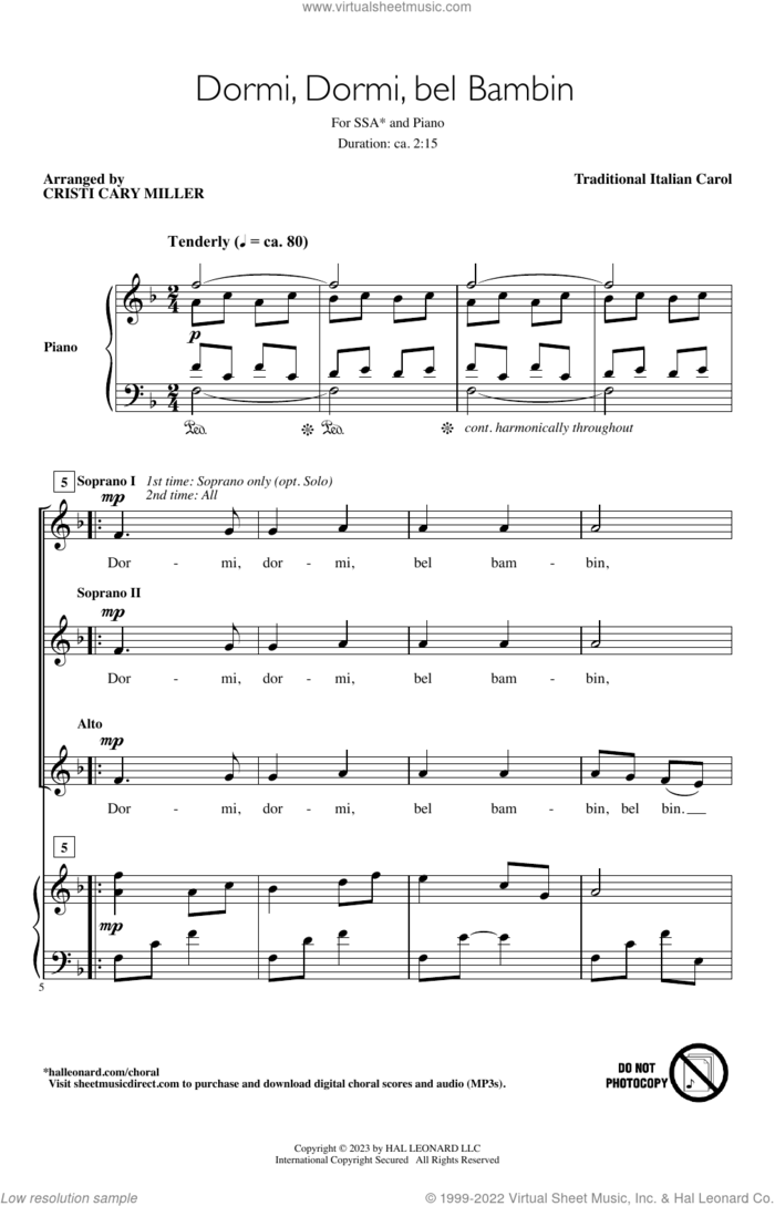 Dormi, Dormi Bel Bambin (arr. Cristi Cary Miller) sheet music for choir (SSA: soprano, alto)  and Cristi Cary Miller, intermediate skill level
