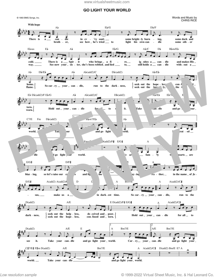 Go Light Your World sheet music for voice and other instruments (fake book) by Kathy Troccoli and Chris Rice, intermediate skill level