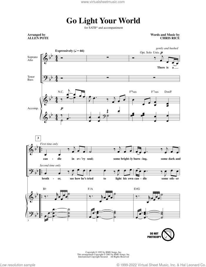 Go Light Your World (arr. Allen Pote) sheet music for choir (SATB: soprano, alto, tenor, bass) by Chris Rice, Allen Pote and Kathy Troccoli, intermediate skill level