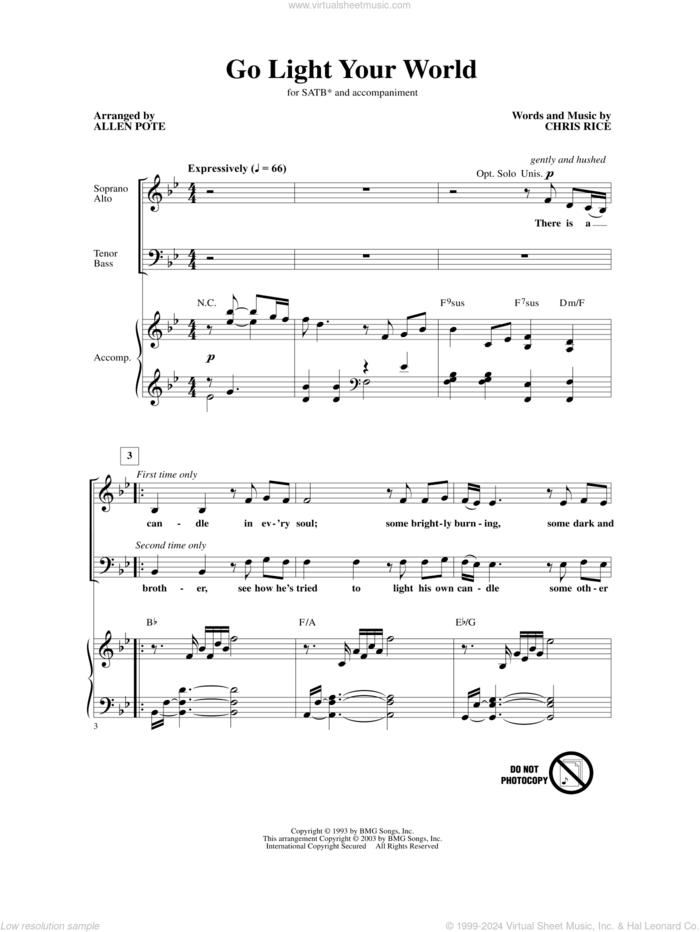 Go Light Your World (arr. Allen Pote) sheet music for choir (SATB: soprano, alto, tenor, bass) by Chris Rice, Allen Pote and Kathy Troccoli, intermediate skill level