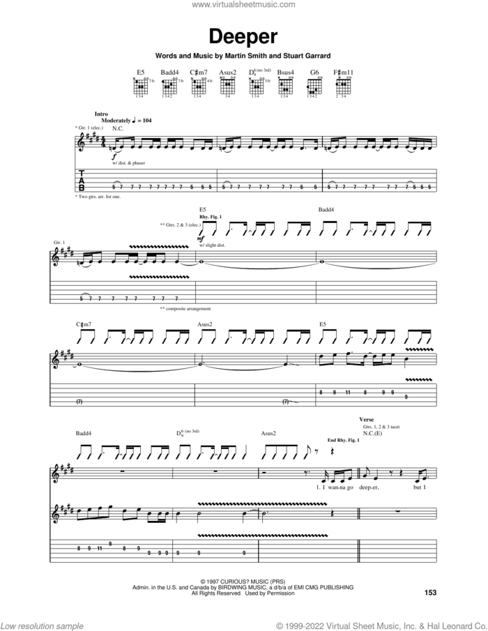 Deeper sheet music for guitar (tablature) by Delirious?, Martin Smith and Stuart Garrard, intermediate skill level