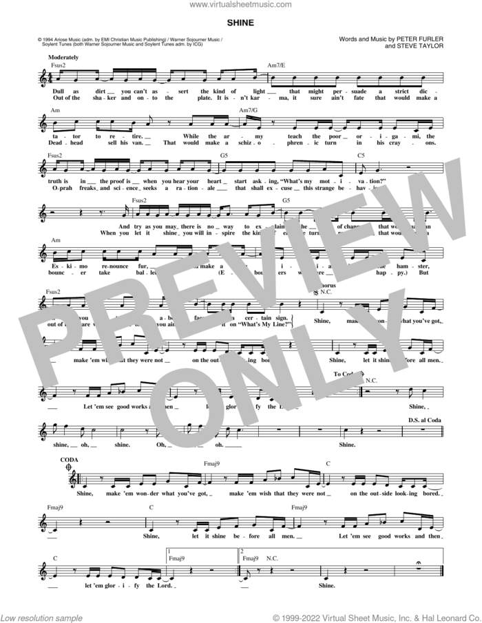 Shine sheet music for voice and other instruments (fake book) by Newsboys, Peter Furler and Steve Taylor, intermediate skill level