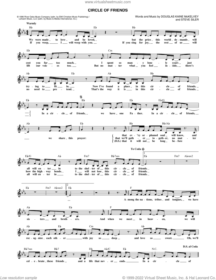 Circle Of Friends sheet music for voice and other instruments (fake book) by Point Of Grace, Douglas McKelvey and Steve Siler, intermediate skill level