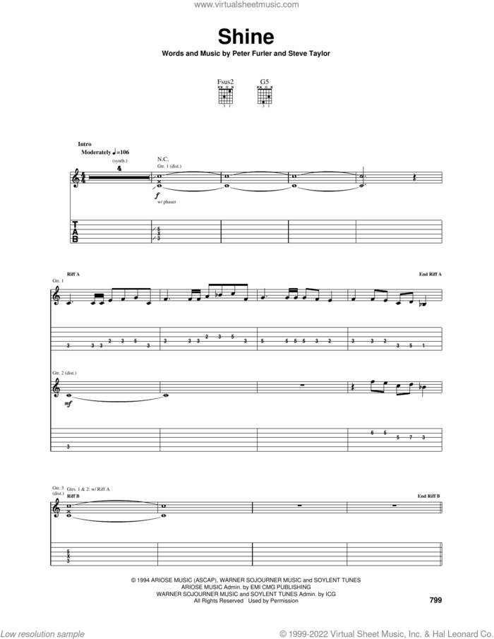 Shine sheet music for guitar (tablature) by Newsboys, Peter Furler and Steve Taylor, intermediate skill level
