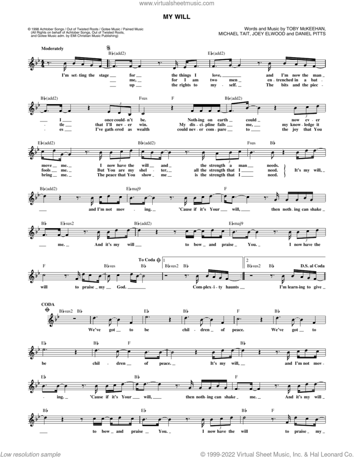 My Will sheet music for voice and other instruments (fake book) by dc Talk, Daniel Pitts, Joey Elwood, Michael Tait and Toby McKeehan, intermediate skill level