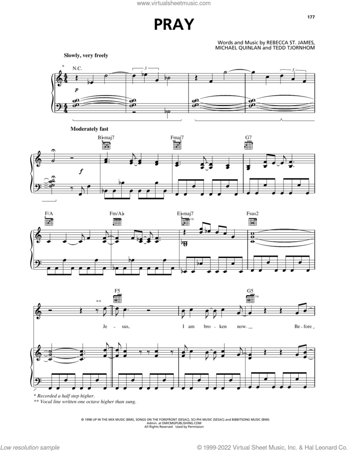 Pray sheet music for voice, piano or guitar by Rebecca St. James, Michael Quinlan and Tedd Tjornhom, intermediate skill level