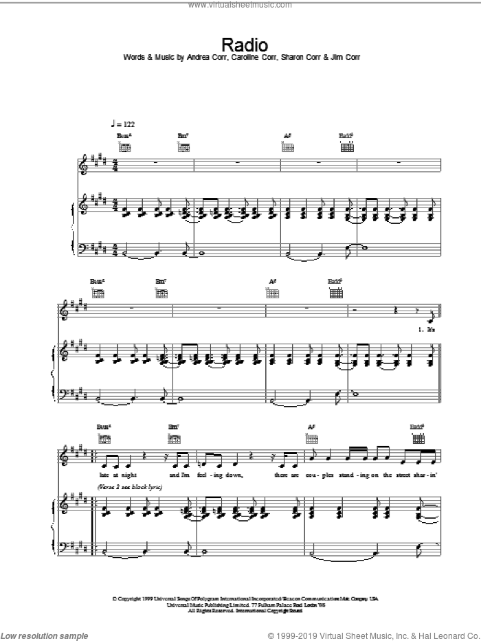 Radio sheet music for voice, piano or guitar by The Corrs, intermediate skill level