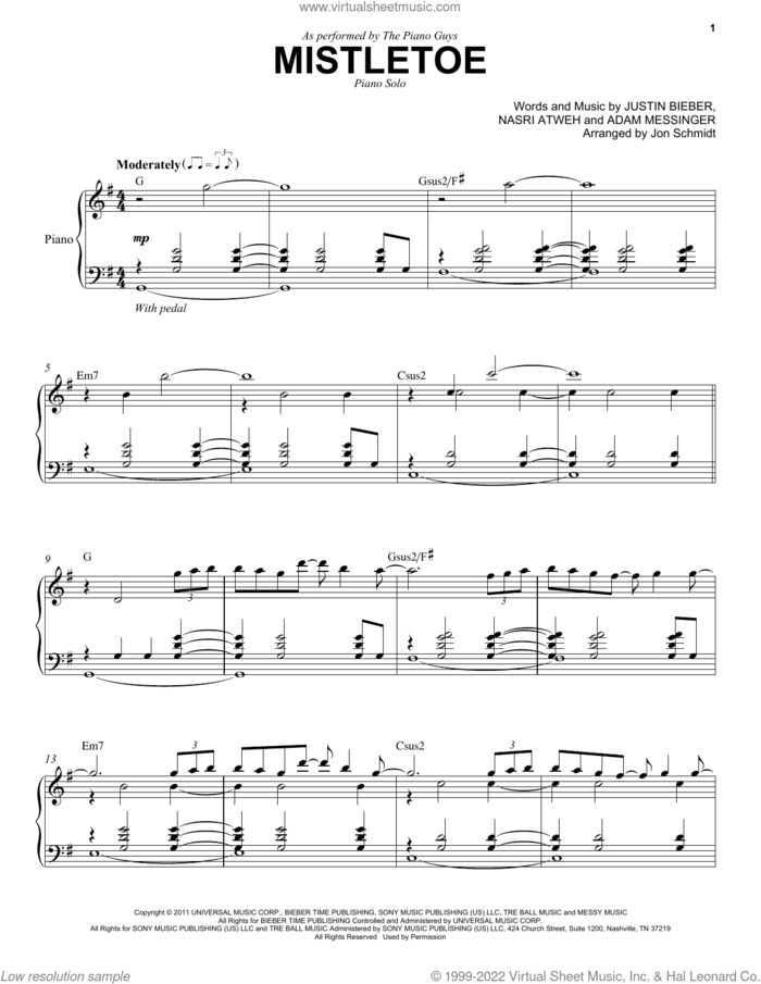 Mistletoe sheet music for piano solo by The Piano Guys, Adam Messinger, Justin Bieber and Nasri Atweh, intermediate skill level