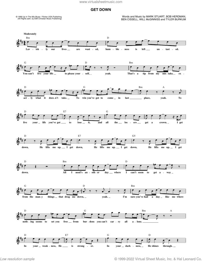 Get Down sheet music for voice and other instruments (fake book) by Audio Adrenaline, Ben Cissell, Bob Herman, Mark Stuart, Tyler Burkum and Will McGinniss, intermediate skill level