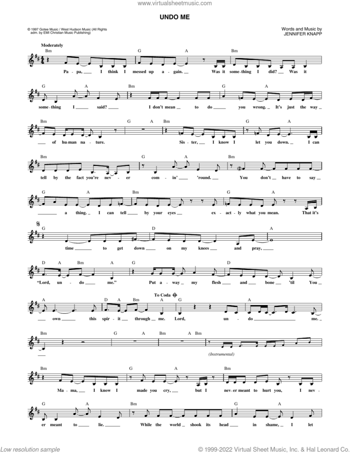Undo Me sheet music for voice and other instruments (fake book) by Jennifer Knapp, intermediate skill level