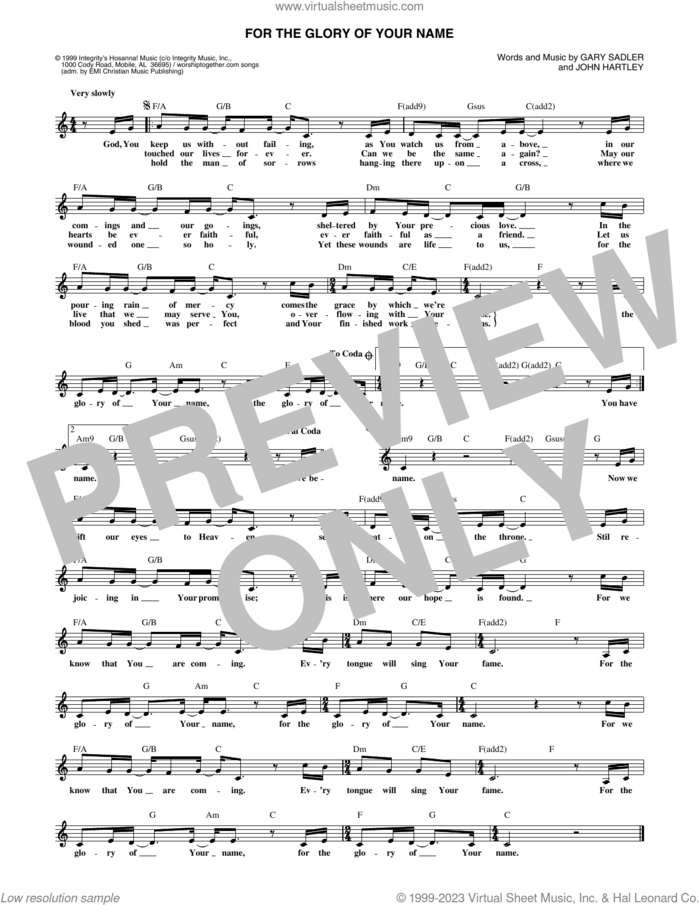 For The Glory Of Your Name sheet music for voice and other instruments (fake book) by Heaven & Earth, Gary Sadler and John Hartley, intermediate skill level