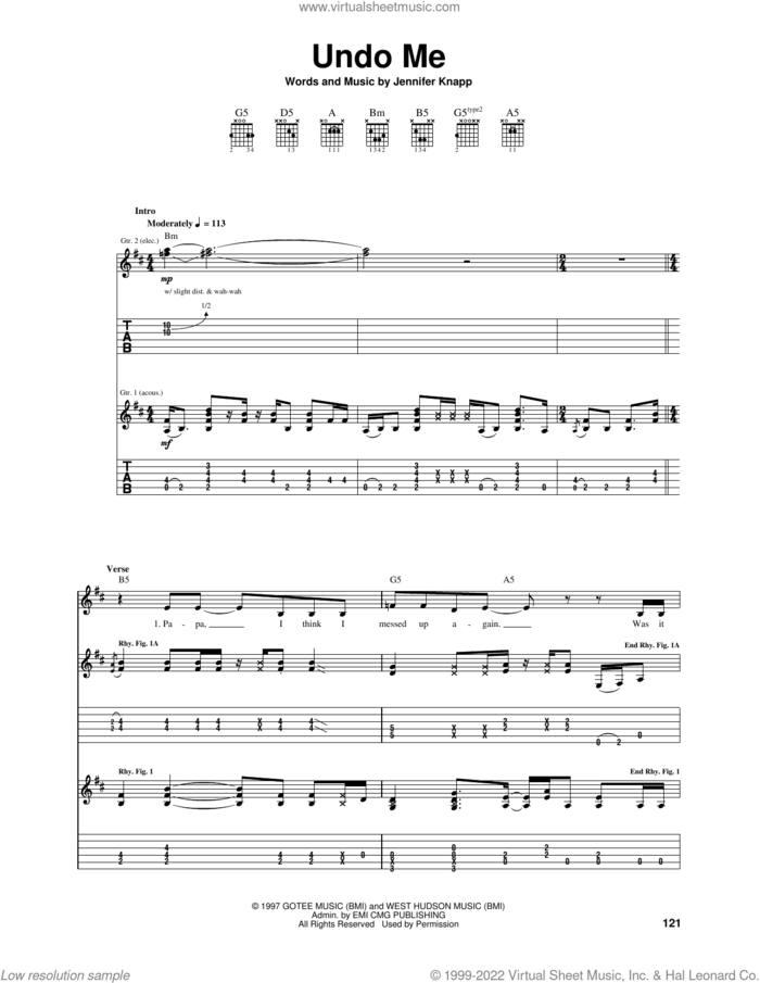 Undo Me sheet music for guitar (tablature) by Jennifer Knapp, intermediate skill level