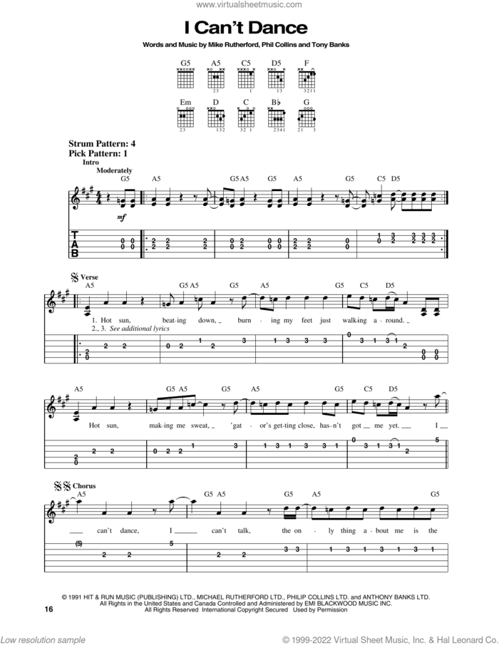 I Can't Dance sheet music for guitar solo (easy tablature) by Genesis, Mike Rutherford, Phil Collins and Tony Banks, easy guitar (easy tablature)
