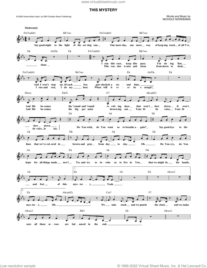 This Mystery sheet music for voice and other instruments (fake book) by Nichole Nordeman, intermediate skill level