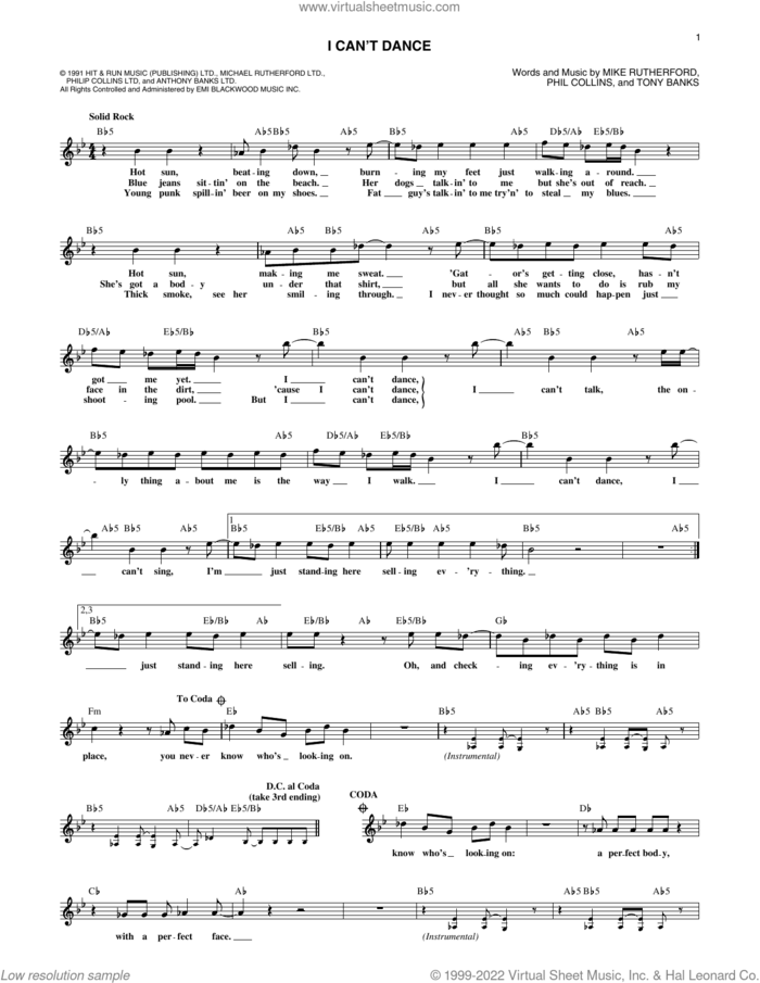 I Can't Dance sheet music for voice and other instruments (fake book) by Genesis, Mike Rutherford, Phil Collins and Tony Banks, intermediate skill level