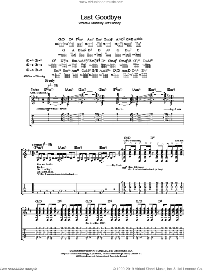 Last Goodbye sheet music for guitar (tablature) by Jeff Buckley, intermediate skill level