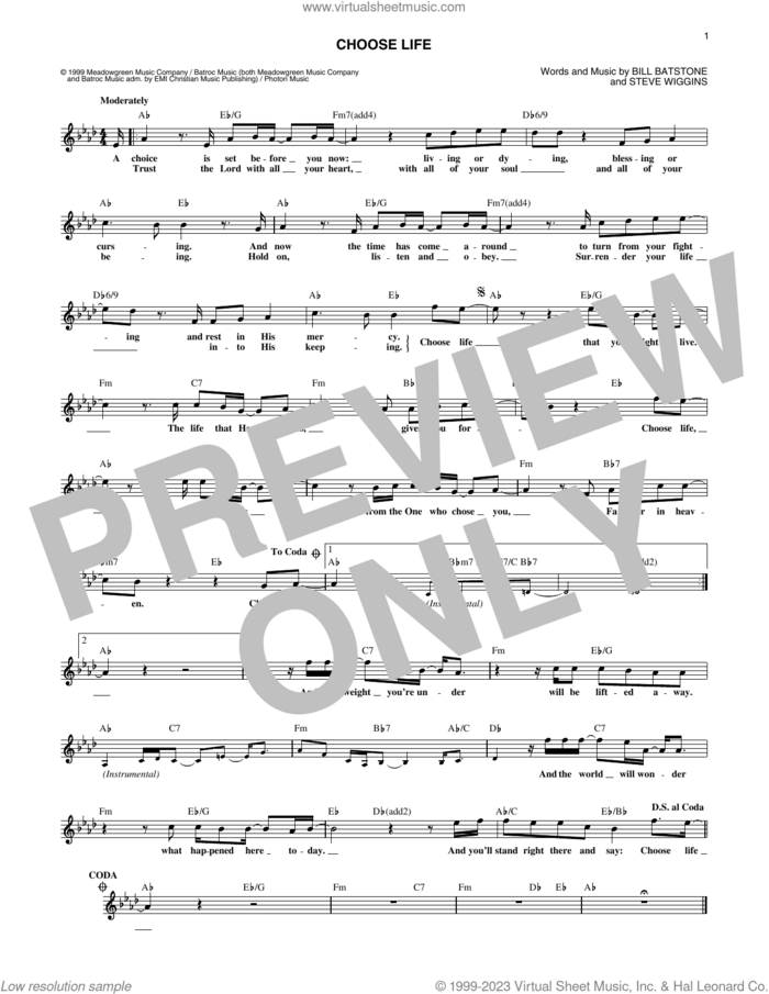 Choose Life sheet music for voice and other instruments (fake book) by Big Tent Revival, Bill Batstone and Steve Wiggins, intermediate skill level