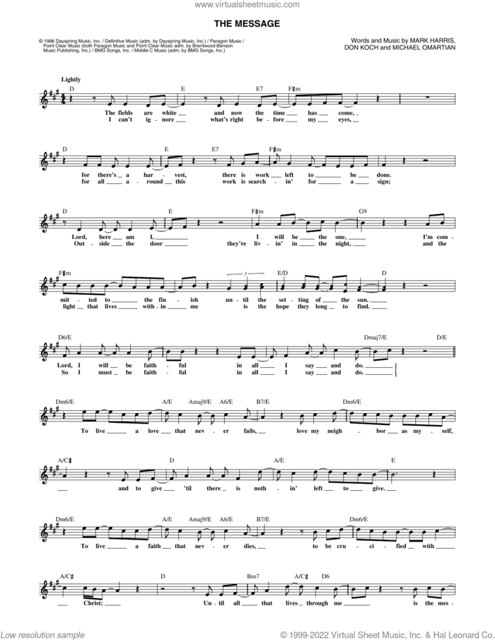 The Message sheet music for voice and other instruments (fake book) by 4Him, Don Koch, Mark Harris and Michael Omartian, intermediate skill level