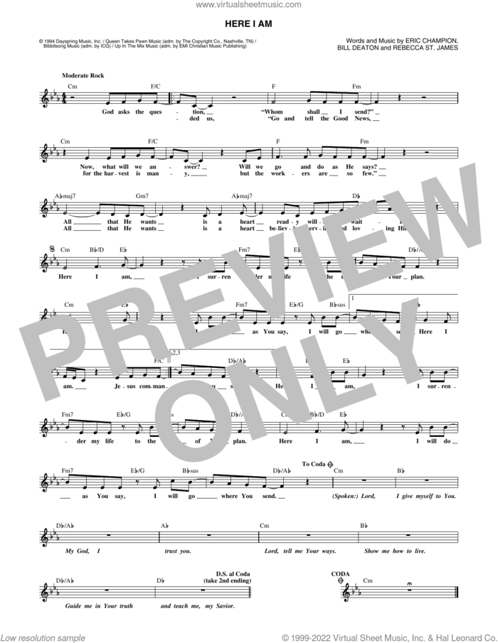 Here I Am sheet music for voice and other instruments (fake book) by Rebecca St. James, Bill Deaton and Eric Champion, intermediate skill level