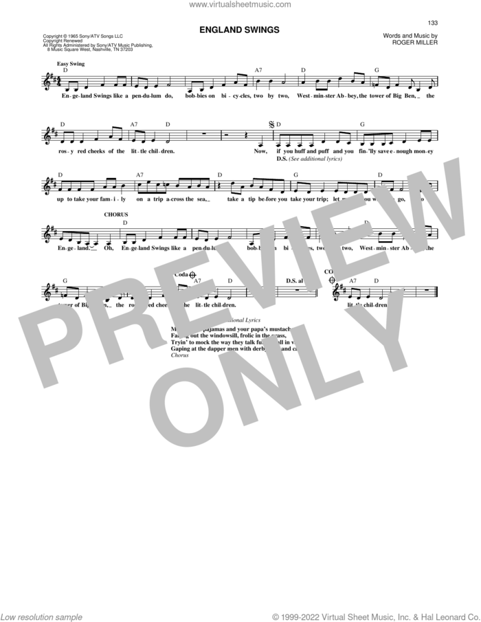 England Swings sheet music for voice and other instruments (fake book) by Roger Miller, intermediate skill level