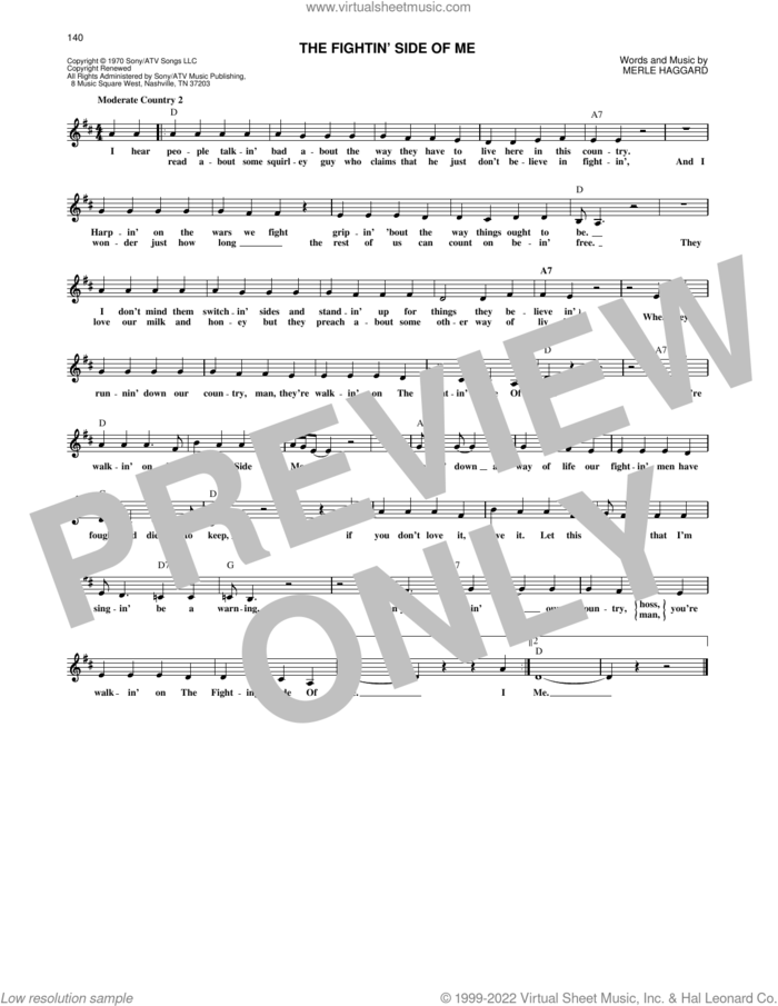 The Fightin' Side Of Me sheet music for voice and other instruments (fake book) by Merle Haggard, intermediate skill level