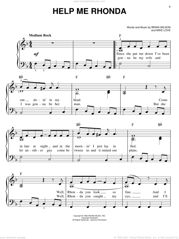 Help Me Rhonda sheet music for piano solo by The Beach Boys, Brian Wilson and Mike Love, easy skill level