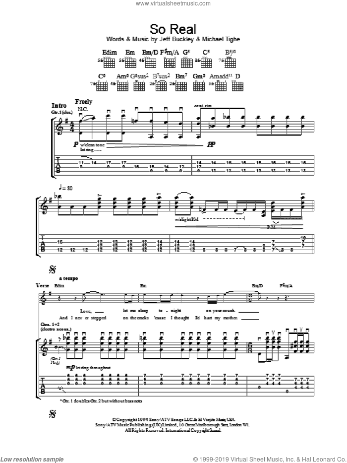 So Real sheet music for guitar (tablature) by Jeff Buckley and Michael Tighe, intermediate skill level