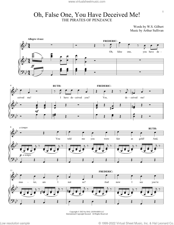Oh, False One, You Have Deceived Me (from The Pirates Of Penzance) sheet music for voice and piano by Gilbert & Sullivan, Arthur Sullivan and William S. Gilbert, intermediate skill level