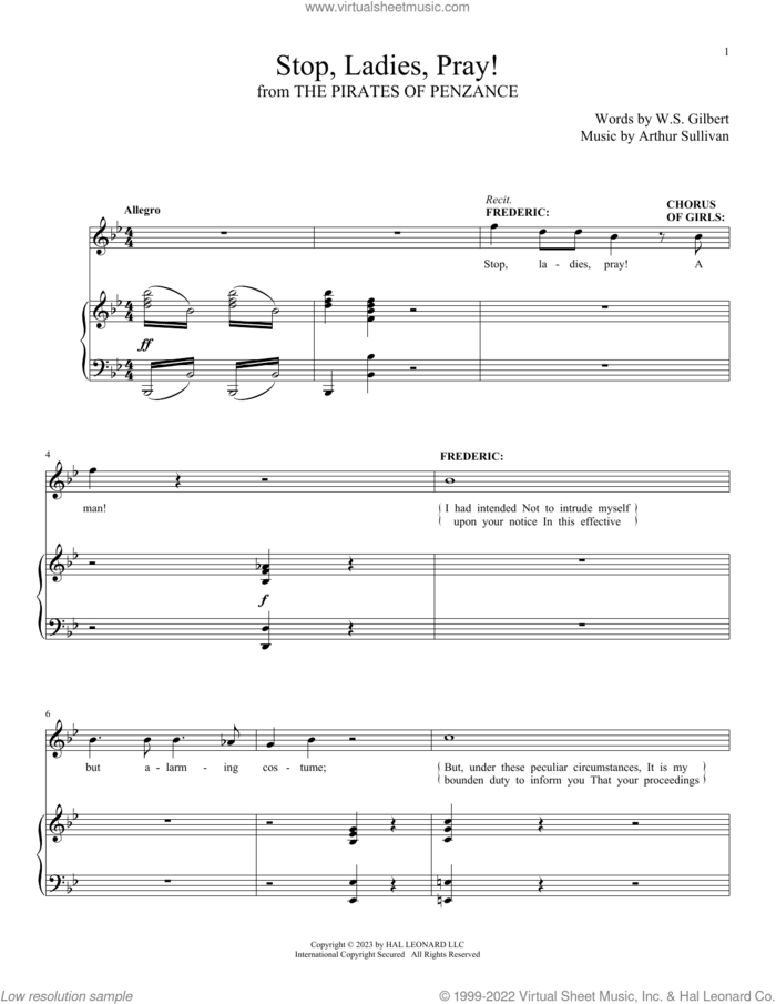 Stop, Ladies, Pray! (from The Pirates Of Penzance) sheet music for voice and piano by Gilbert & Sullivan, Arthur Sullivan and William S. Gilbert, intermediate skill level
