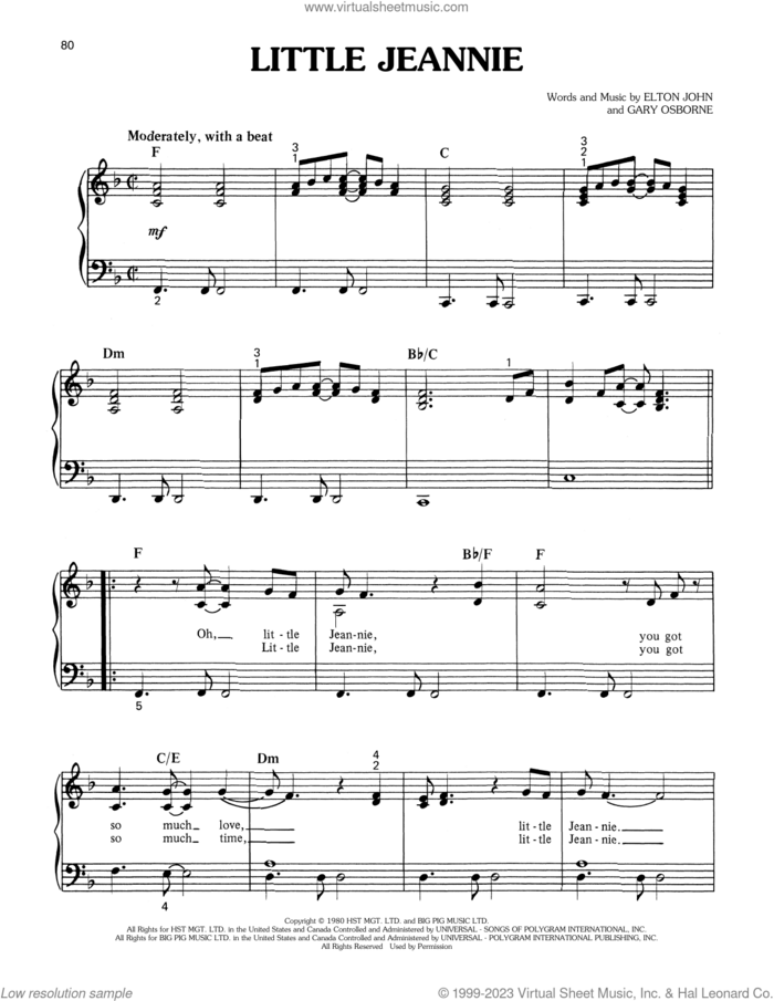 Little Jeannie, (easy) sheet music for piano solo by Elton John and Gary Osborne, easy skill level