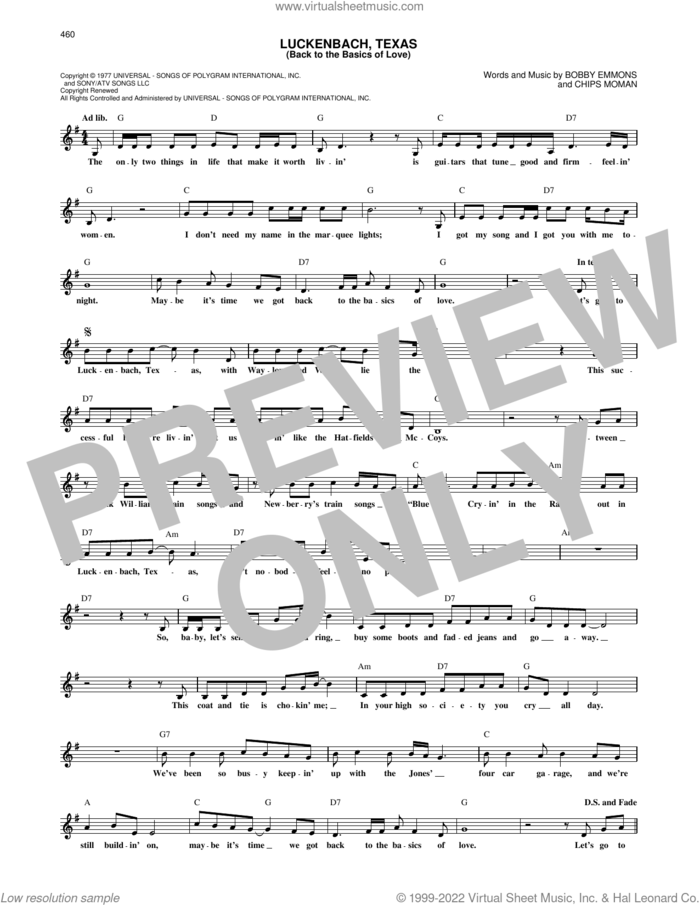 Luckenbach, Texas (Back To The Basics Of Love) sheet music for voice and other instruments (fake book) by Waylon Jennings, Bobby Emmons and Chips Moman, intermediate skill level