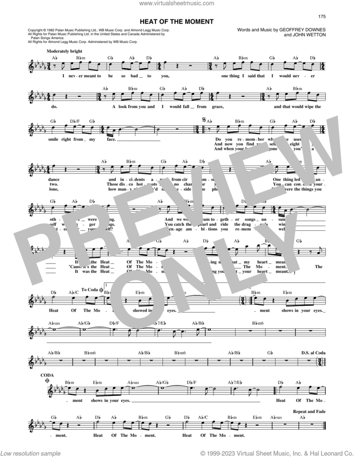 Heat Of The Moment sheet music for voice and other instruments (fake book) by Asia, Geoff Downes and John Wetton, intermediate skill level