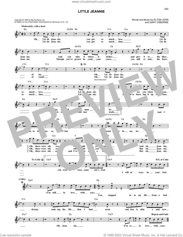 Little Jeannie sheet music for voice and other instruments (fake book) by Elton John and Gary Osborne, intermediate skill level