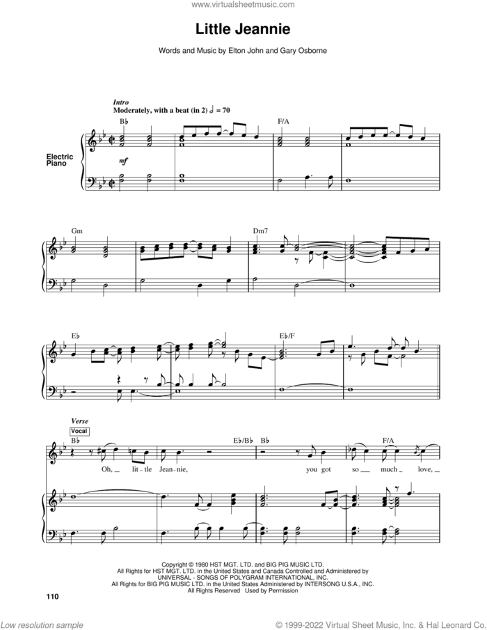 Little Jeannie sheet music for keyboard or piano by Elton John and Gary Osborne, intermediate skill level