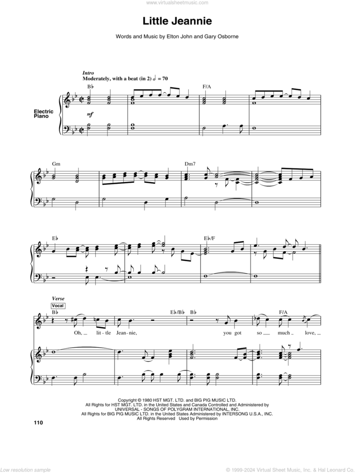 Little Jeannie sheet music for keyboard or piano by Elton John and Gary Osborne, intermediate skill level