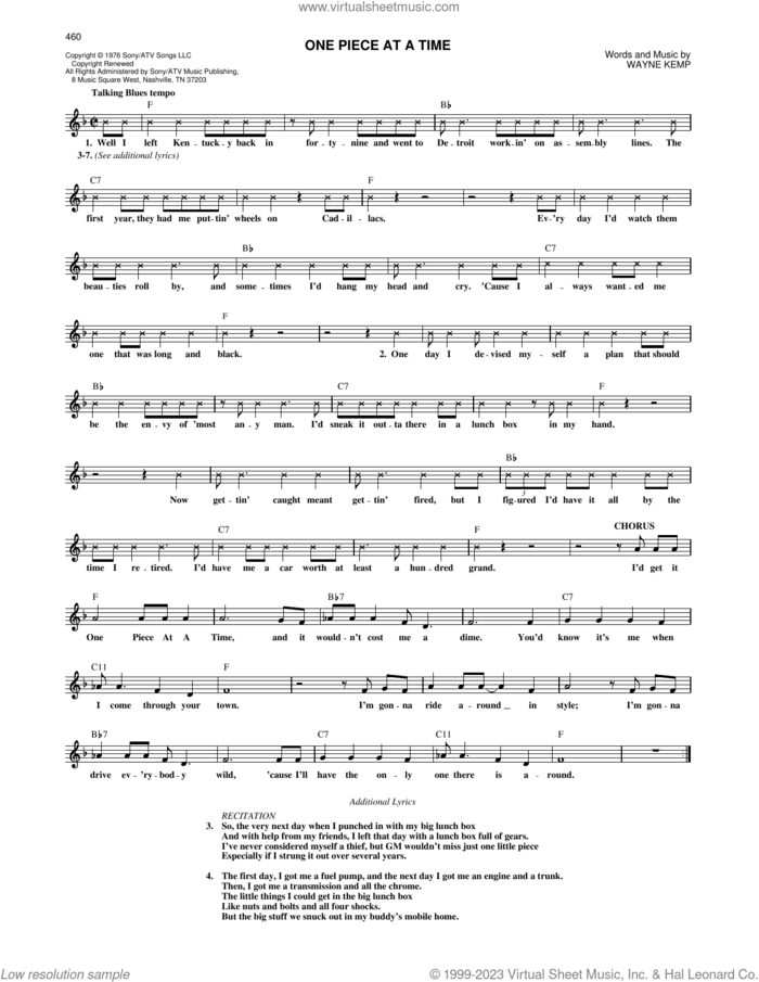 One Piece At A Time sheet music for voice and other instruments (fake book) by Johnny Cash and Wayne Kemp, intermediate skill level
