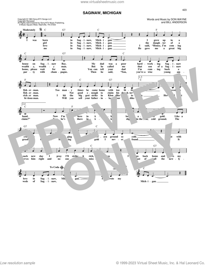 Saginaw, Michigan sheet music for voice and other instruments (fake book) by Lefty Frizzell, Bill Anderson and Don Wayne, intermediate skill level