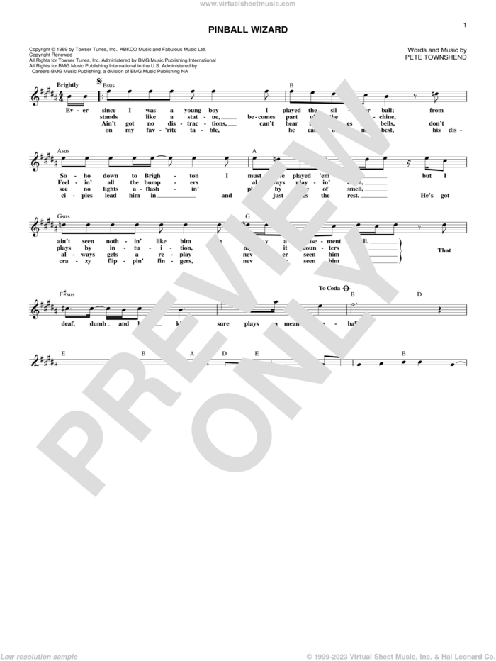Pinball Wizard sheet music for voice and other instruments (fake book) by The Who, Elton John and Pete Townshend, intermediate skill level
