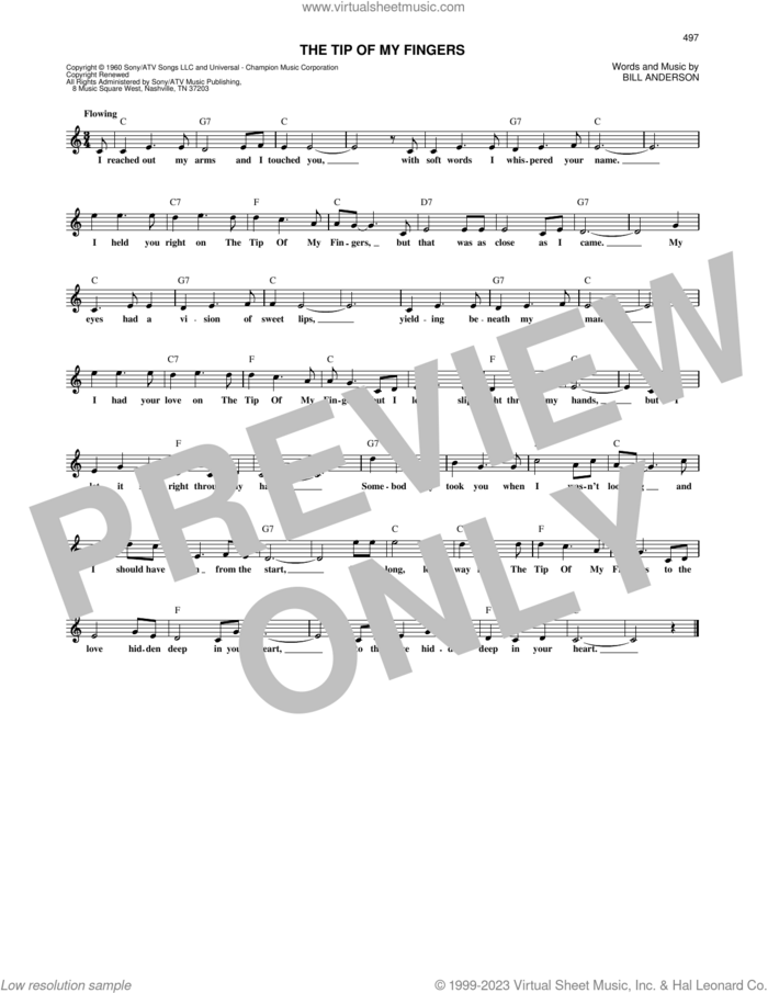 The Tip Of My Fingers sheet music for voice and other instruments (fake book) by Eddy Arnold and Bill Anderson, intermediate skill level