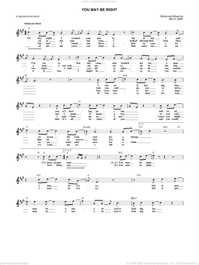 You May Be Right sheet music for voice and other instruments (fake book) by Billy Joel, intermediate skill level