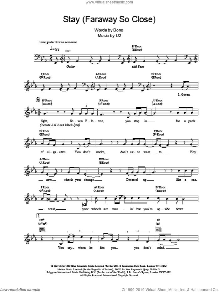 Stay (Faraway So Close) sheet music for voice and other instruments (fake book) by U2, intermediate skill level