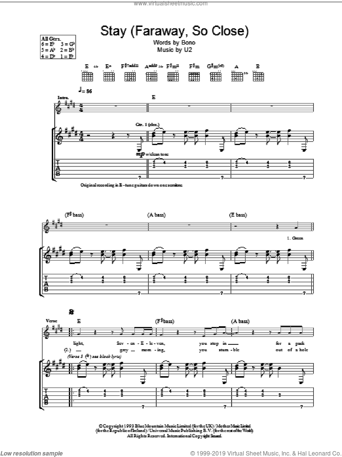 Stay (Faraway, So Close) sheet music for guitar (tablature) by U2, intermediate skill level