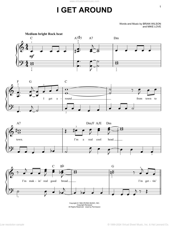 I Get Around, (easy) sheet music for piano solo by The Beach Boys, Brian Wilson and Mike Love, easy skill level