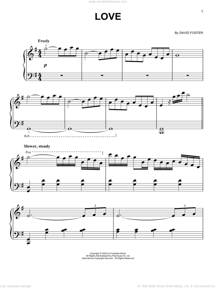 Love, (easy) sheet music for piano solo by David Foster, easy skill level