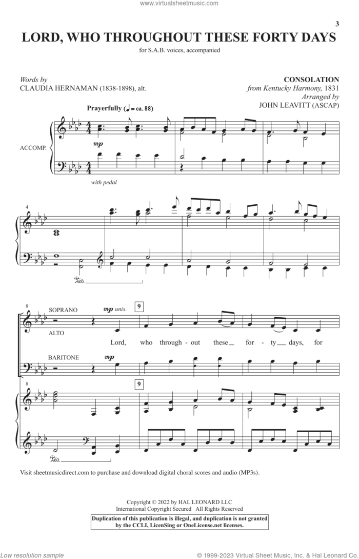 Lord, Who Throughout These Forty Days (arr. John Leavitt) sheet music for choir (SAB: soprano, alto, bass) by Claudia Hernaman and John Leavitt, intermediate skill level