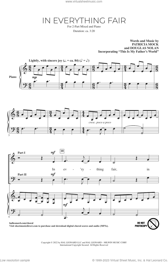 In Everything Fair sheet music for choir (2-Part Mixed) by Patricia Mock and Douglas Nolan, Douglas Nolan and Patricia Mock, intermediate skill level