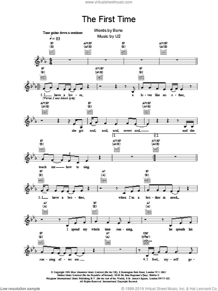 The First Time sheet music for voice and other instruments (fake book) by U2, intermediate skill level